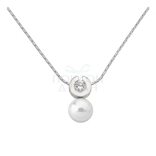 Ženski Majorica Omega Srebrni Lančić Sa Belim Bisernim Priveskom Sa Cirkonima 10 mm