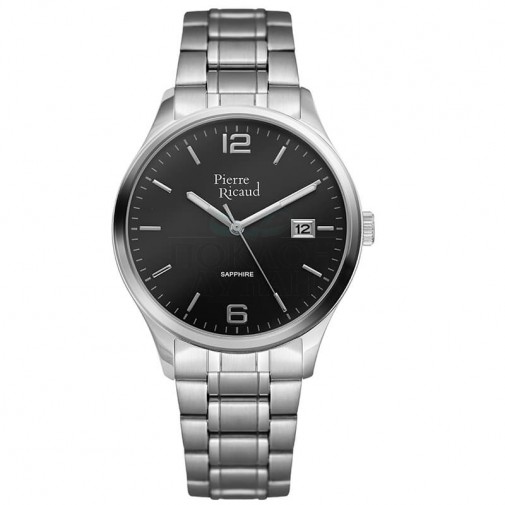 Muški Pierre Ricaud Safir Datum Crni Srebrni Quartz Elegantni Ručni Sat Sa Srebrnim Metalnim Kaišem