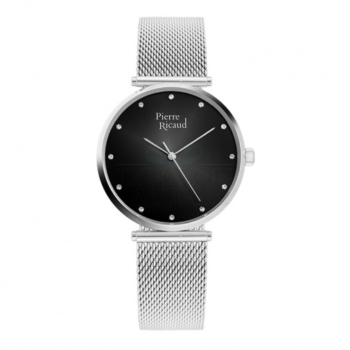 Ženski Pierre Ricaud Quartz Swarovski Point Crni Srebrni Elegantni Ručni Sat Sa Srebrnim Pancir Kaišem