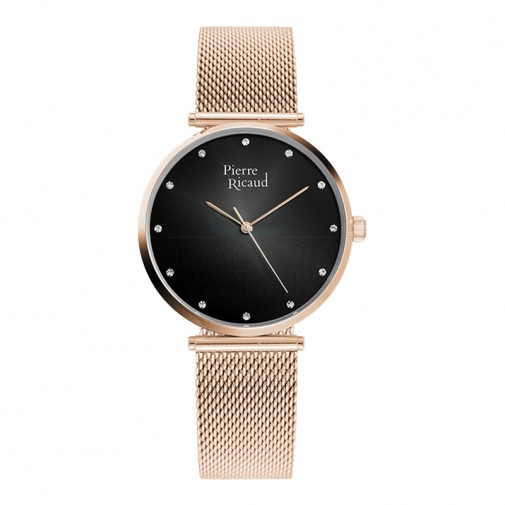 Ženski Pierre Ricaud Quartz Swarovski Point Crni Roze Zlatni Elegantni Ručni Sat Sa Roze Zlatnim Metalnim Kaišem