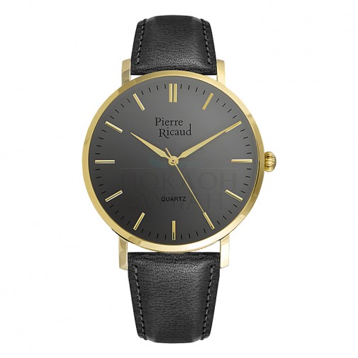 Muški Pierre Ricaud Quartz  Sivi Zlatni Elegantni Ručni Sat Sa Crnim Kožnim Kaišem