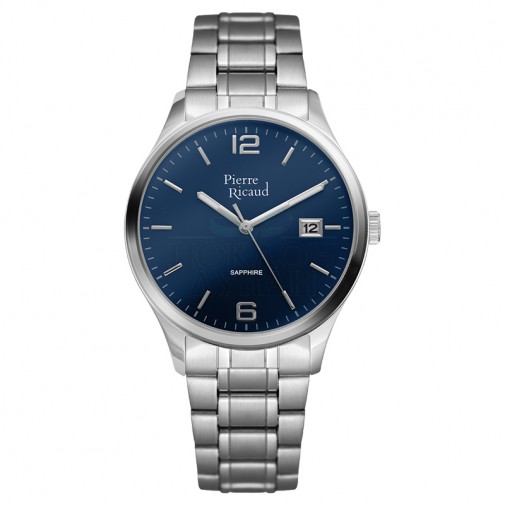 Muški Pierre Ricaud Safir Datum Plavi Srebrni Quartz Elegantni Ručni Sat Sa Metalnim Kaišem