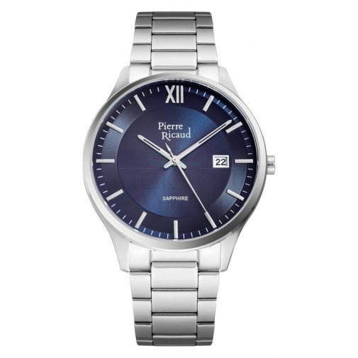 Muški Pierre Ricaud Quartz Safir Datum Sivi Srebrni Elegantni Ručni Sat Sa Metalnim Kaišem