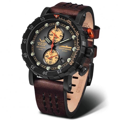 MUŠKI VOSTOK EUROPE NUCLEAR SUBMARINE CHRONOGRAPH  CRNI SPORTSKI RUČNI SAT SA BRAON KOŽNIM KAIŠEM
