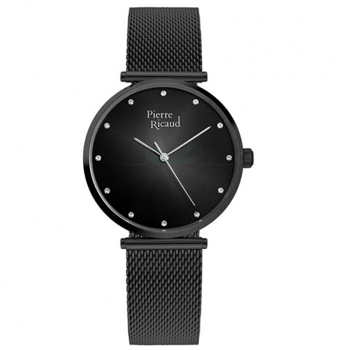 Ženski Pierre Ricaud Quartz Swarovski Point Crni Elegantni Ručni Sat Sa Crnim Pancir Kaišem