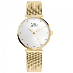 Ženski Pierre Ricaud Quartz Swarovski Point Beli Zlatni Elegantni Ručni Sat Sa Zlatnim Pancir Kaišem
