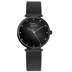 Ženski Pierre Ricaud Quartz Swarovski Point Crni Elegantni Ručni Sat Sa Crnim Pancir Kaišem