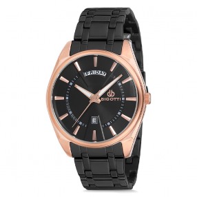 Muški Bigotti Crni  Roze Zlatni Elegantni Ručni Sat Sa Danom i Datumom I Crnom Metalnom Narukvicom