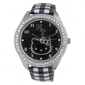 Dečji Hello Kitty Kristal Crni ručni sat sa kariranim kožnim kaišem