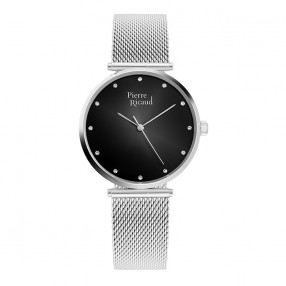 Ženski Pierre Ricaud Quartz Swarovski Point Crni Srebrni Elegantni Ručni Sat Sa Srebrnim Pancir Kaišem