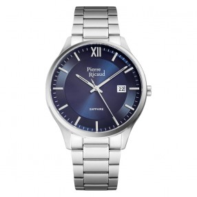 Muški Pierre Ricaud Quartz Safir Datum Sivi Srebrni Elegantni Ručni Sat Sa Metalnim Kaišem